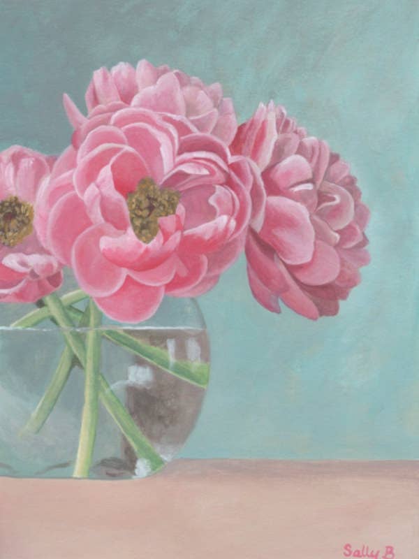 Affiche d'art chinoiserie avec pivoines dans un vase en verre pour la vente par Sally B