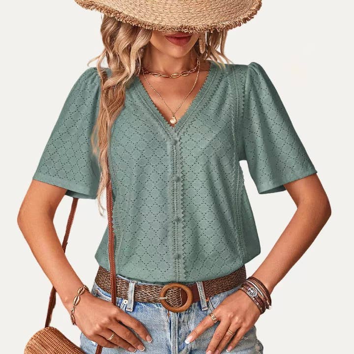 The Moment Collection - Wholesale Blouse - Women's - On-Trend Sheer V Neck Pierced Pointelle Short Sleeve Top10