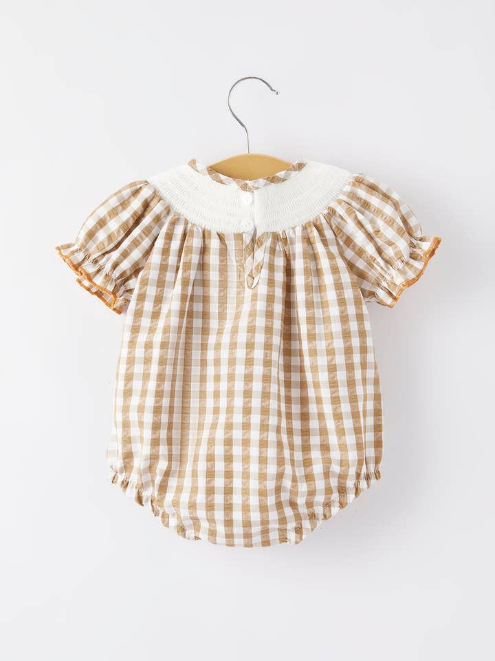 Rylee Faith Designs - Wholesale Bodysuit (Non-Footed) - Baby - Girls Thanksgiving Smocking Embroidered Brown Plaid Romper
