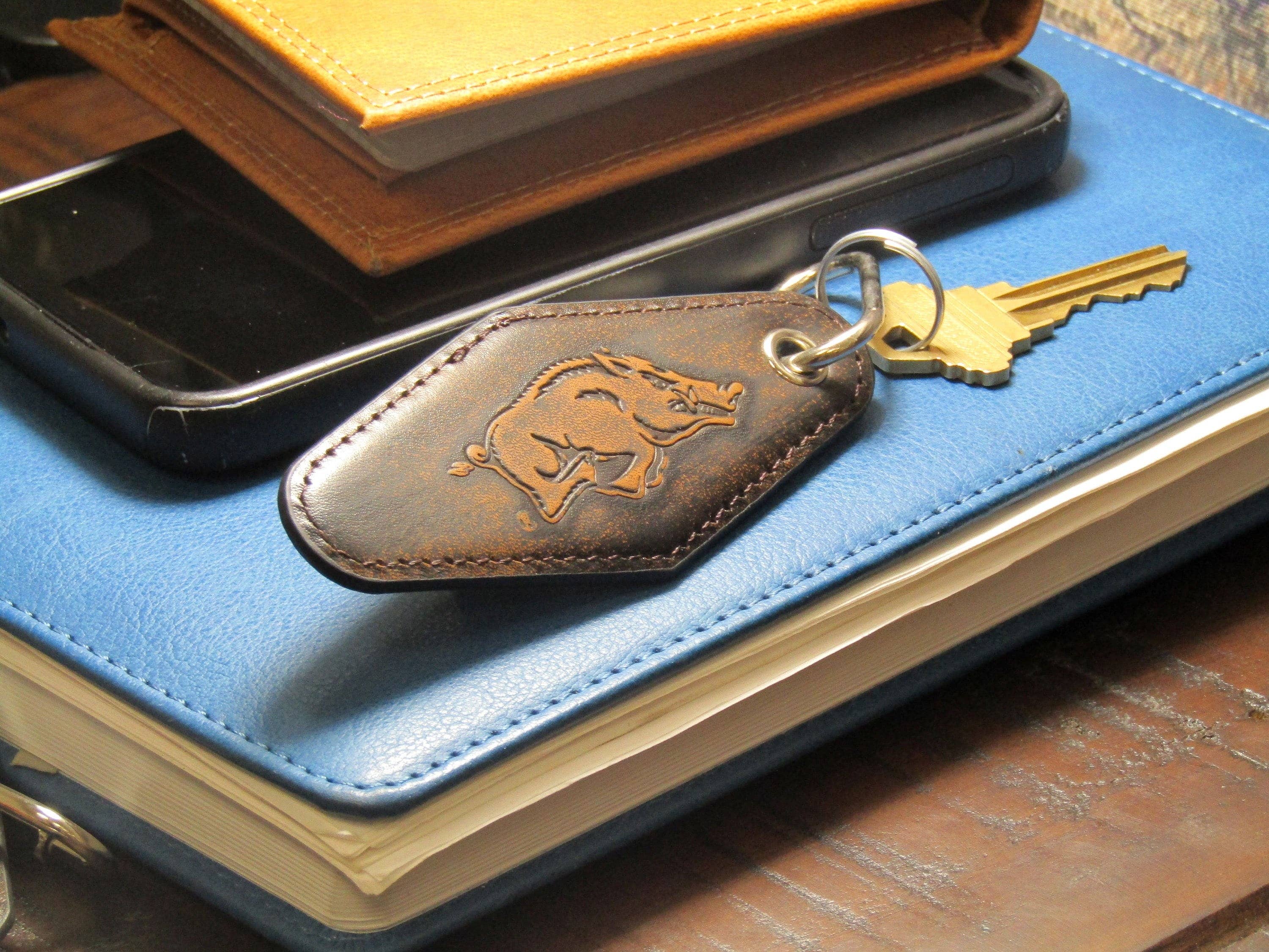 Zep-Pro - Wholesale Keychain - Unisex - Arkansas Razorbacks Collegiate Vintage Full Grain Leather Key Fob. Brown Burnished and Tan Embossed Key Ring.2