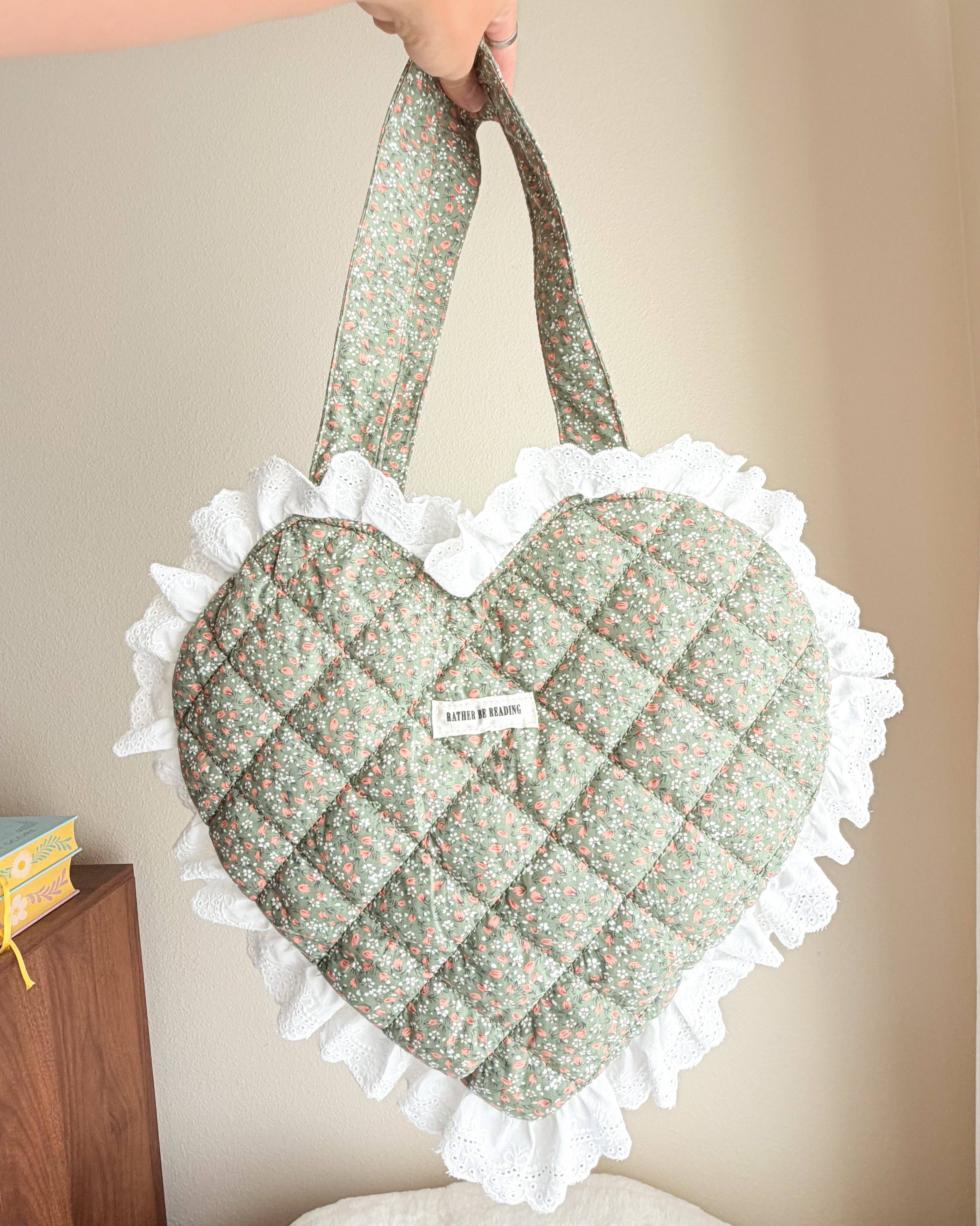 The Bean Workshop - Wholesale Tote Bag - Women's - Rather Be Reading Green Quilted Heart Tote Bag with Ruffled Lace Trimming2