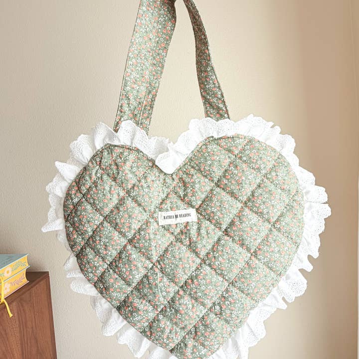 The Bean Workshop - Wholesale Tote Bag - Women's - Rather Be Reading Green Quilted Heart Tote Bag with Ruffled Lace Trimming2