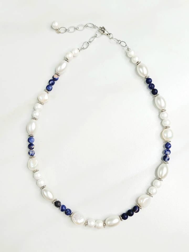 Ziva Vintage Bead, Sodalite, and Freshwater Pearl Royal Necklace for wholesale by jfybrand