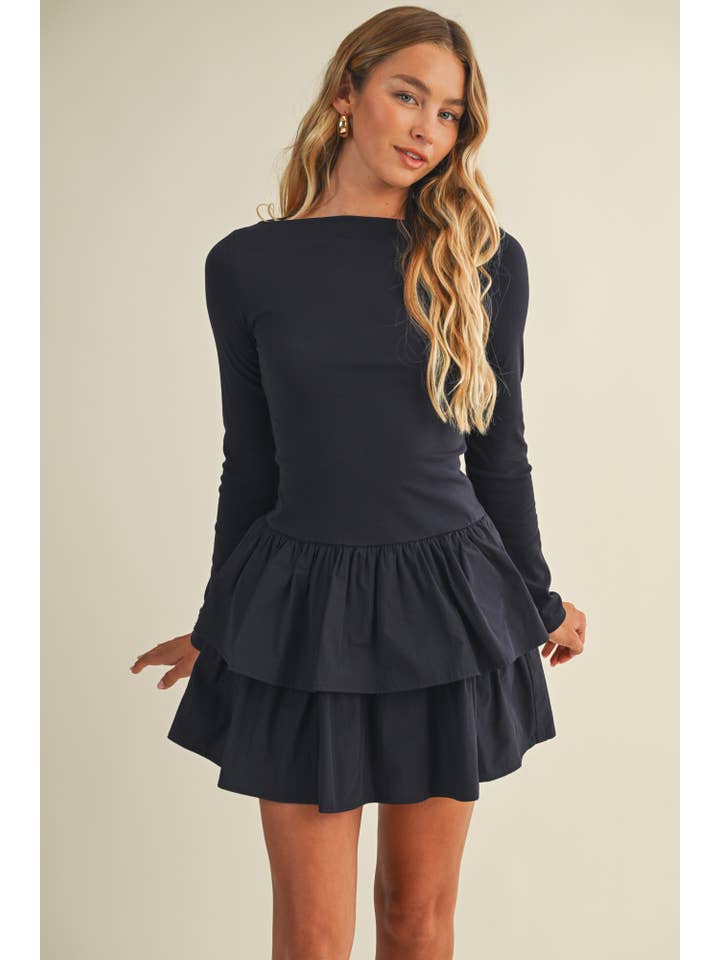 SHADOW BLUE BOAT NECK TIERED RUFFLE DRESS for wholesale on Faire1