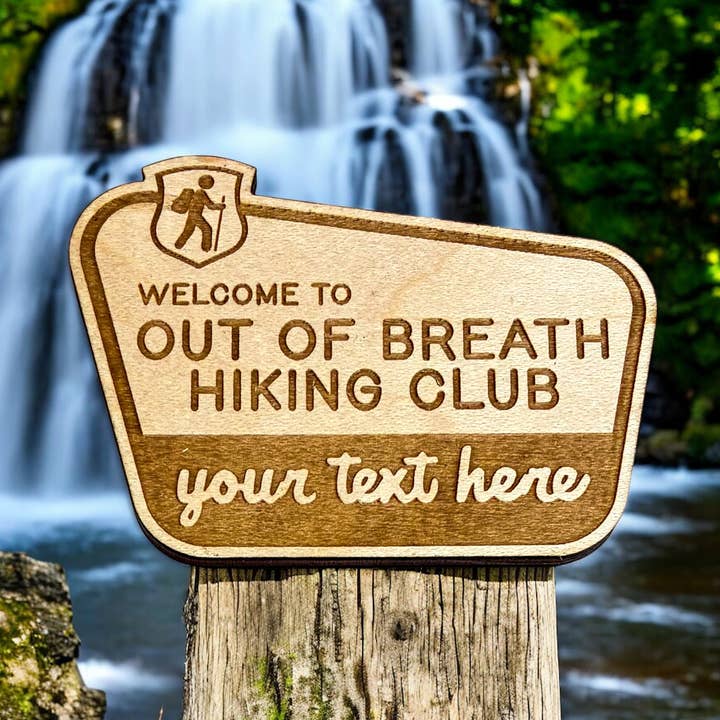 Out of Breath Hiking Club-NPS Style Custom Wood Magnet for wholesale by Wild Larch Creative