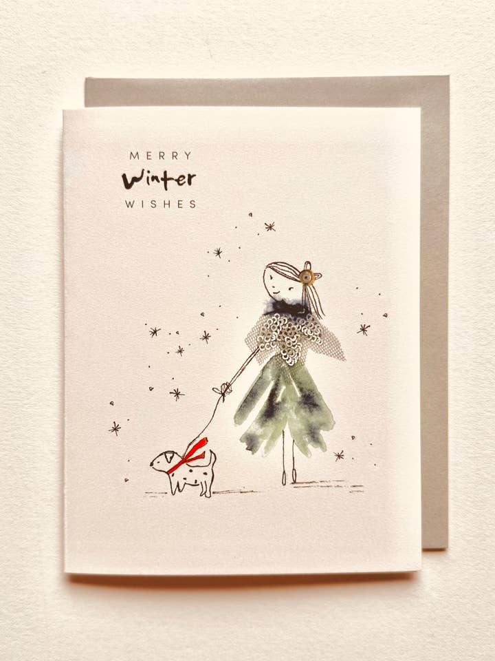 Souhaits d'hiver chaleureux pour une fille qui promène un chien pour la vente par Sweet Julie Marie