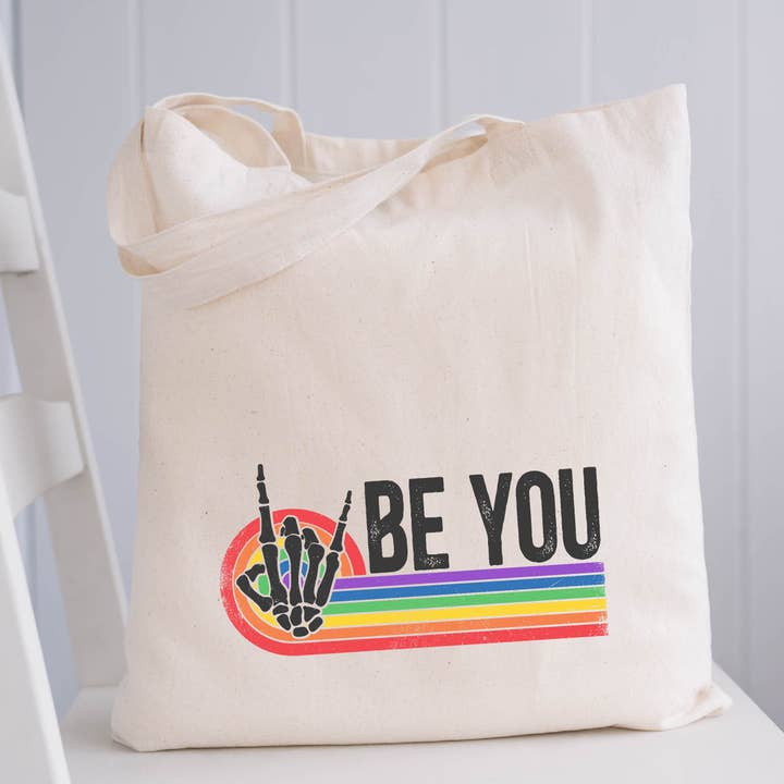 Retro Motivational Tote Bag Canvas Be You Rainbow Tote Bag for wholesale by P E T I T R U E