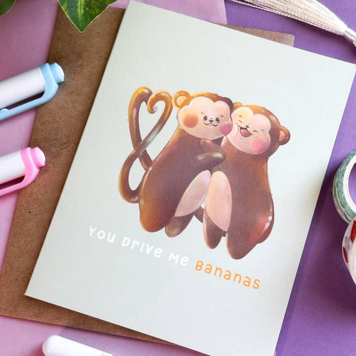 You Drive Me Bananas Monkey Greeting Card | Funny Card for wholesale by MoonKittyCo