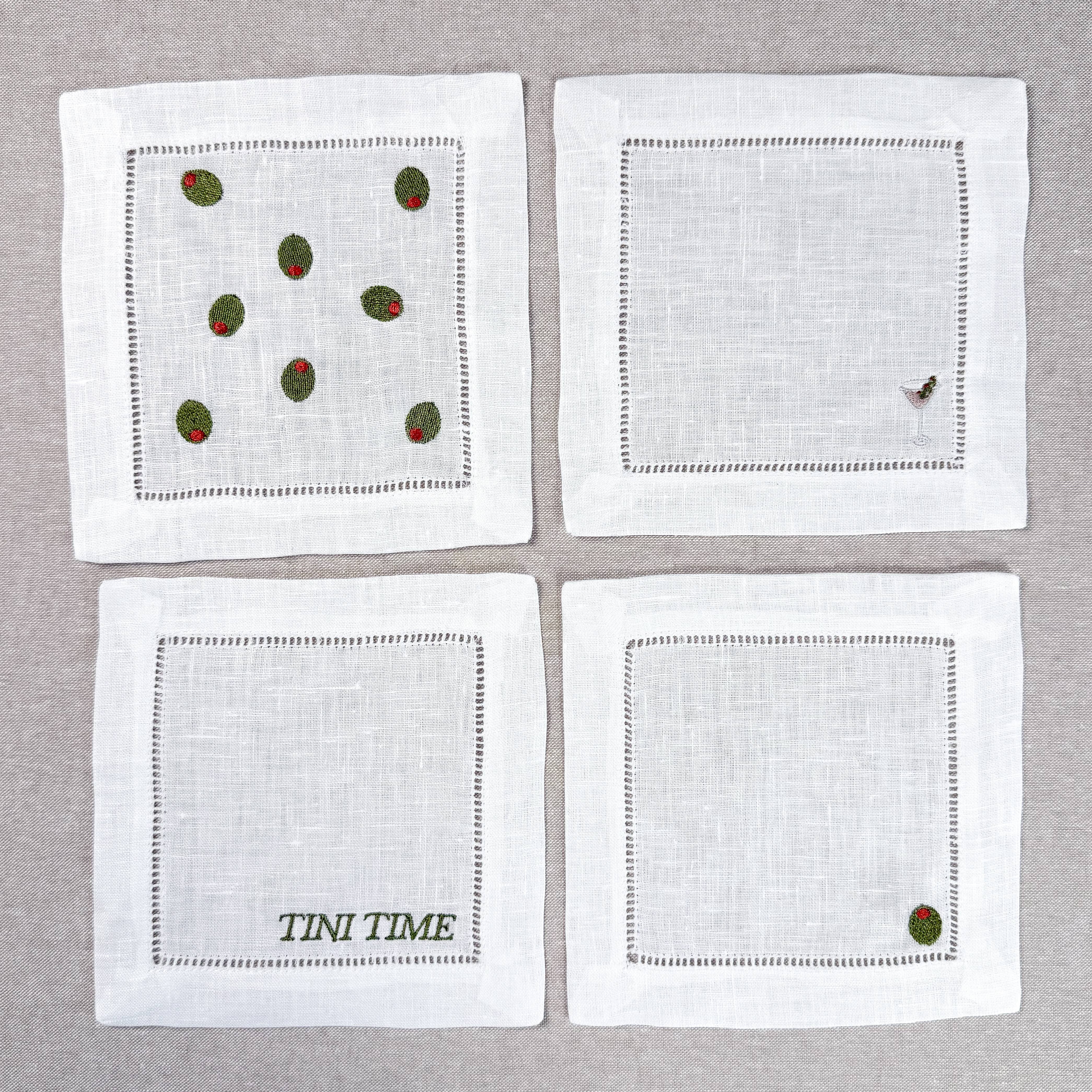 Casey Jo Paper Co. - Wholesale Dinner & Cloth Napkin - Olive Martini Embroidered Cocktail Napkin Set1