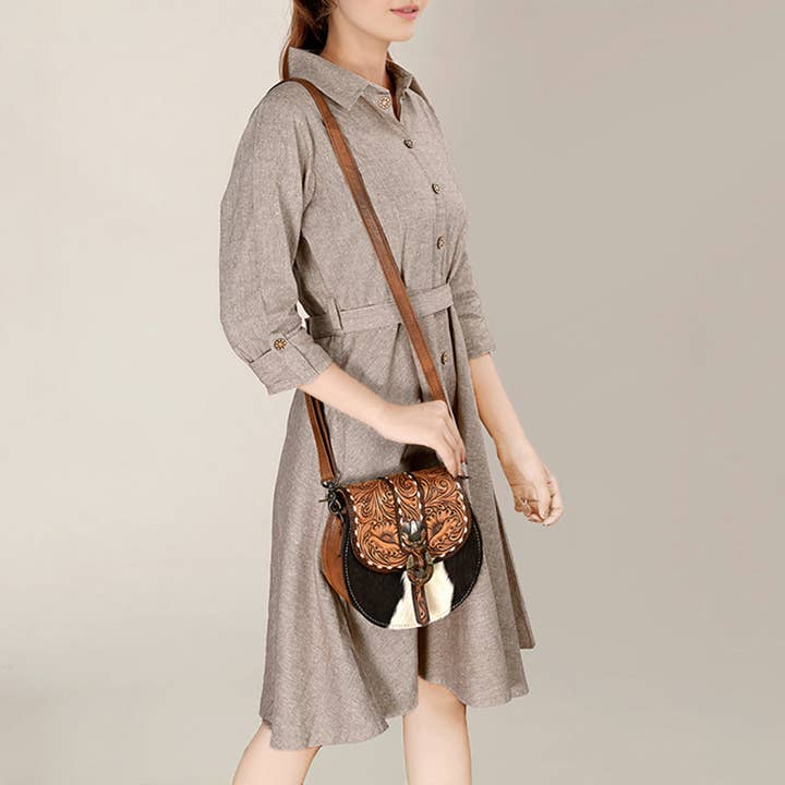 LS Western - Wholesale Crossbody bag – Women's - ADBG1222 American Darling Western Hair-On Hide Crossbody with Tooled Accents and Adjustable Strap1