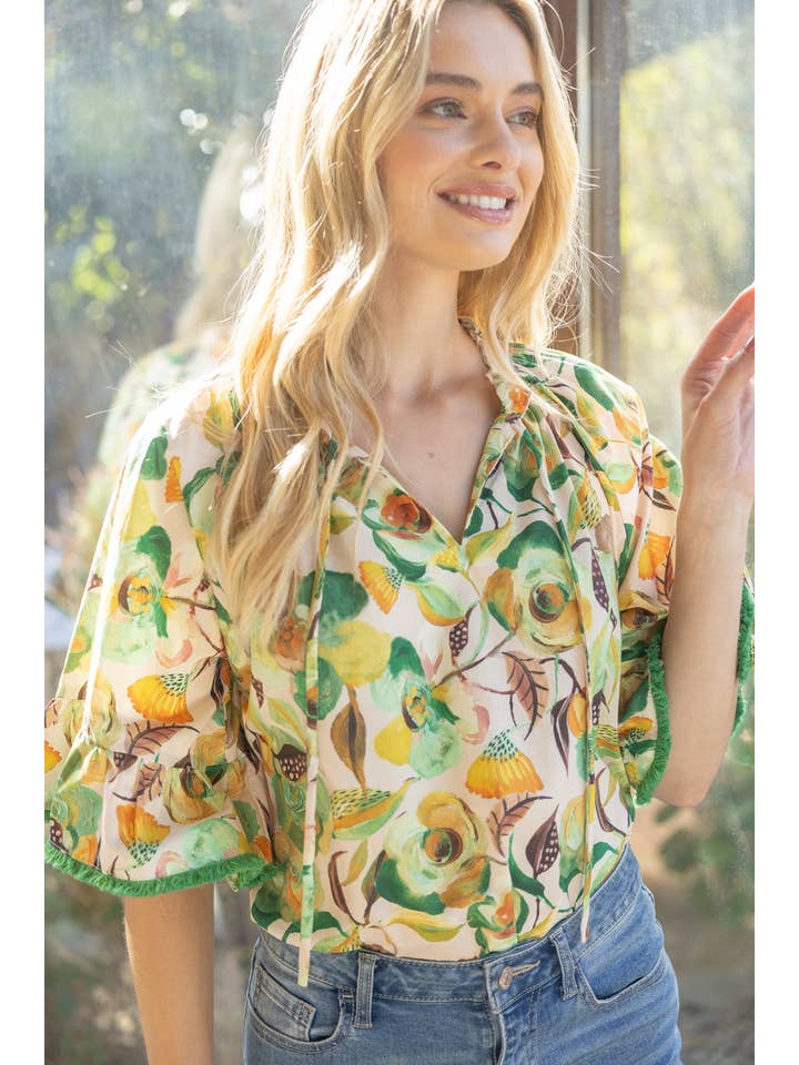 Green 35203 Fringe Detailed Loose Sleeve Floral Print Top for wholesale on Faire