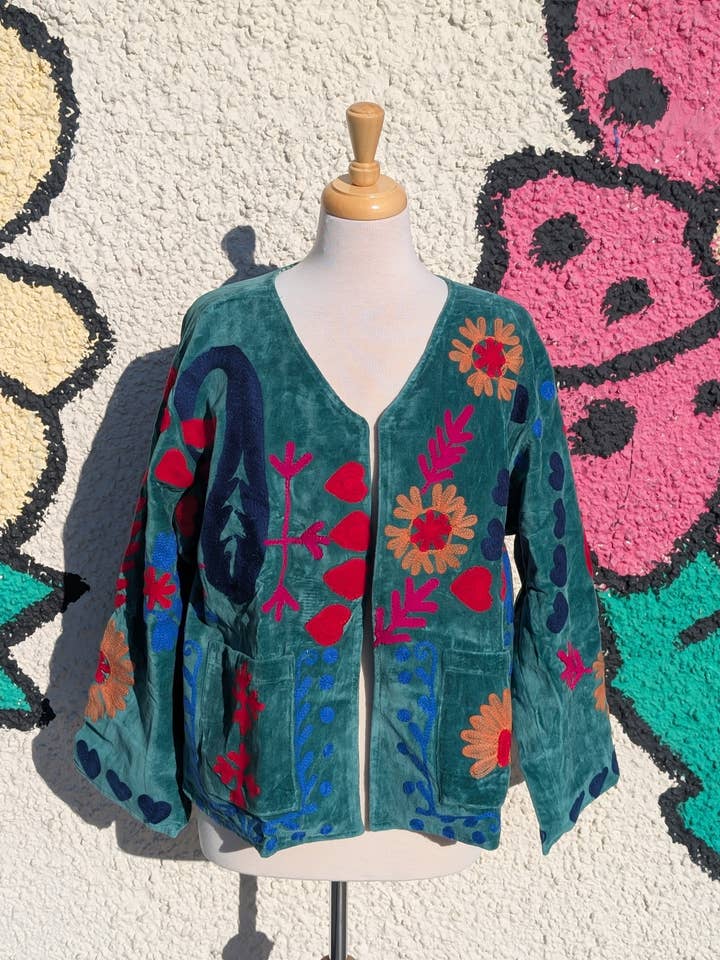 Twinflower - Wholesale Jacket - Women's - LOVE Green Velvet Suzani Kimono Embroidered Boho Jacket4
