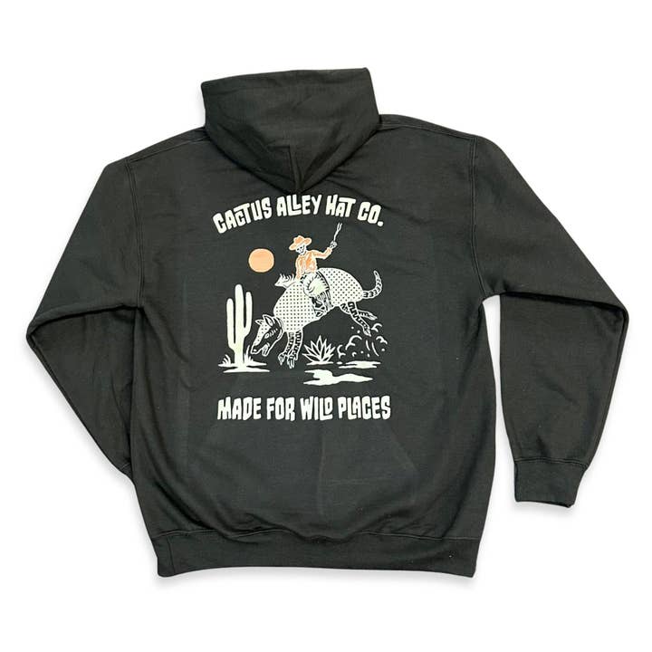 Sweat à capuche adulte en chocolat noir "Buckin Dillo" beige (2025) pour la vente par Cactus Alley Hat Co.