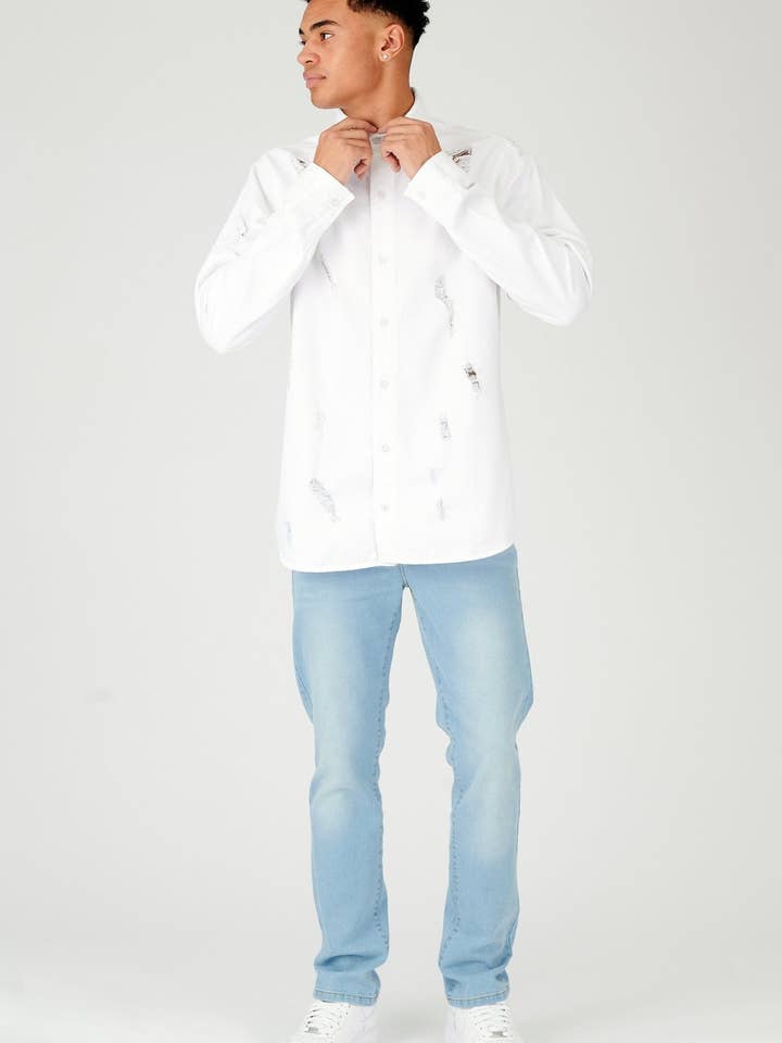 Camicia in denim strappato a vestibilità regolare avorio - bianco per la vendita all'ingrosso da parte di JMOJO UK Limited