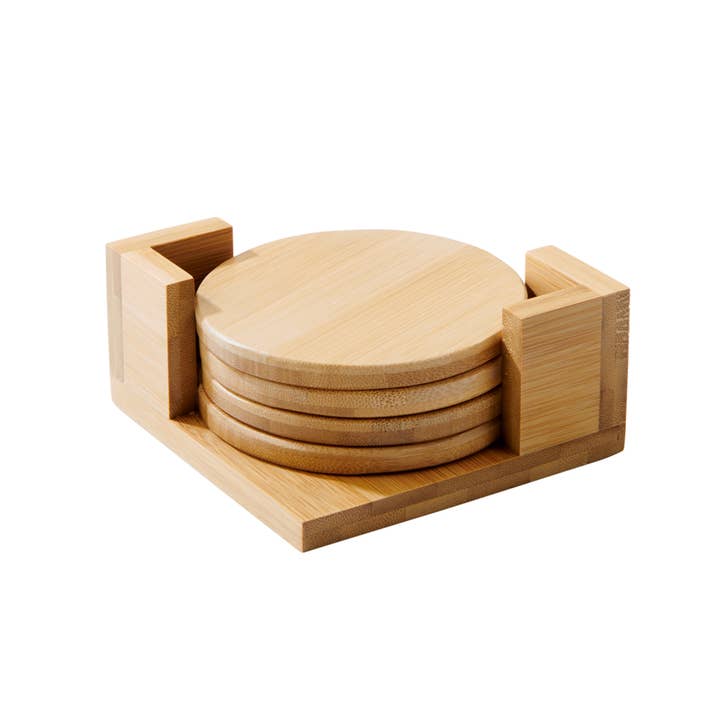 Creative Gifts International Inc. - Wholesale Coasters - Bamboo Wood Coaster Set - 4" Round Coasters with Stand