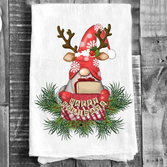 Christmas Gnome Reindeer Cotton Tea Towel Kitchen for wholesale by Avery Lane Gifts