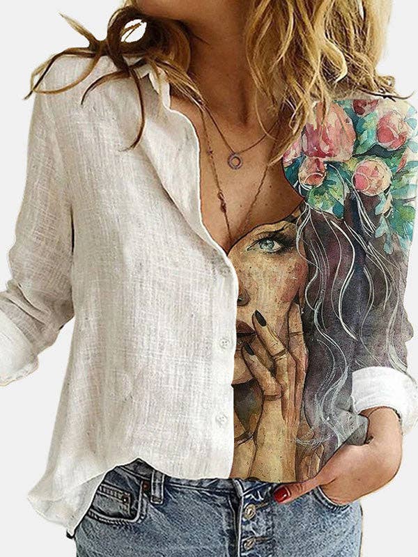 VividLux - Wholesale Button Down Shirt - Women's - Stylish Asymmetric Floral Printed Lapel Long Sleeves Blouse Tops