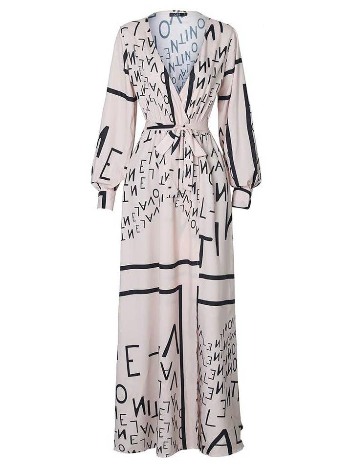 APRICOT letter print lantern sleeve high slit maxi dress for wholesale on Faire4