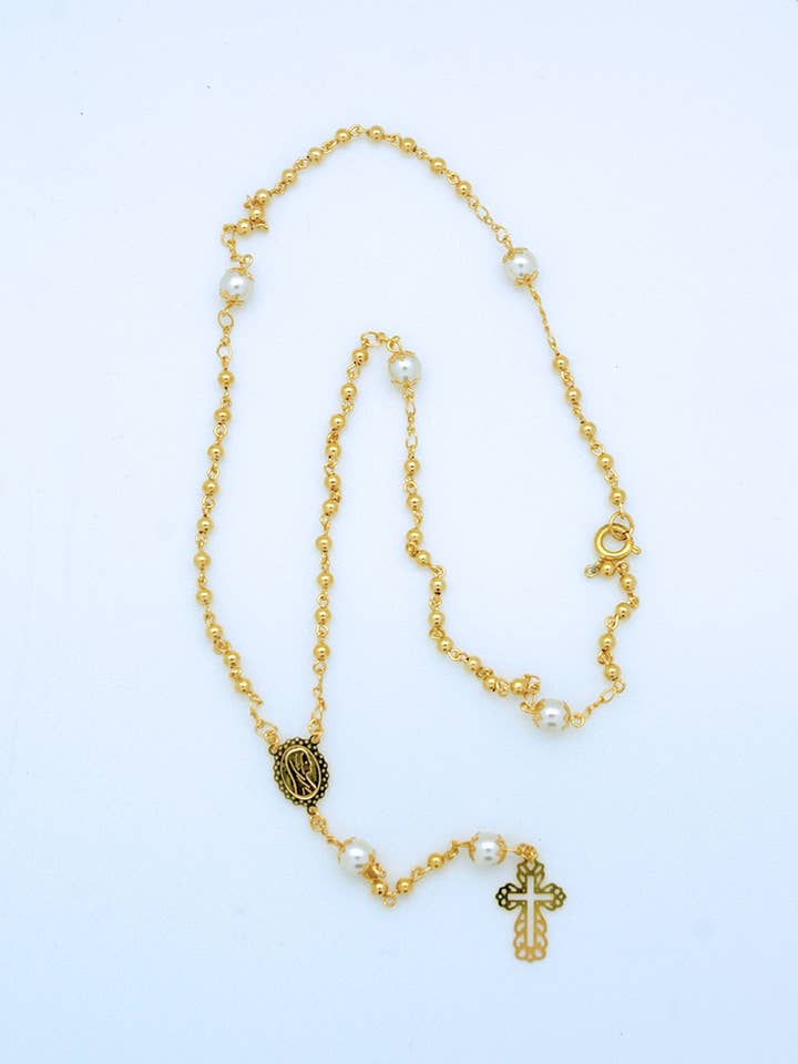 PCOL32G- Goud & Witte Parel Rozenkrans Ketting voor wholesale door Contreras Designs