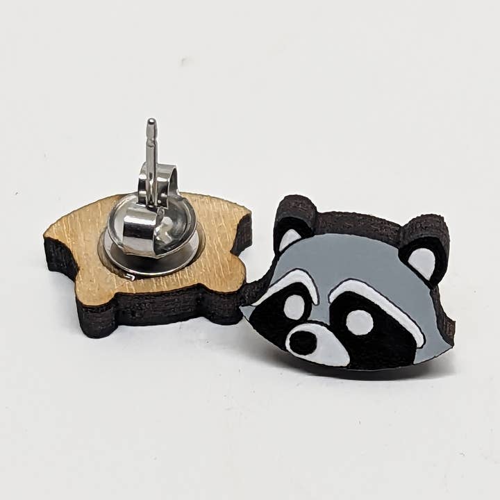 Raccoon Handmade Wood Animal Earrings for wholesale by Unpossible Cuts