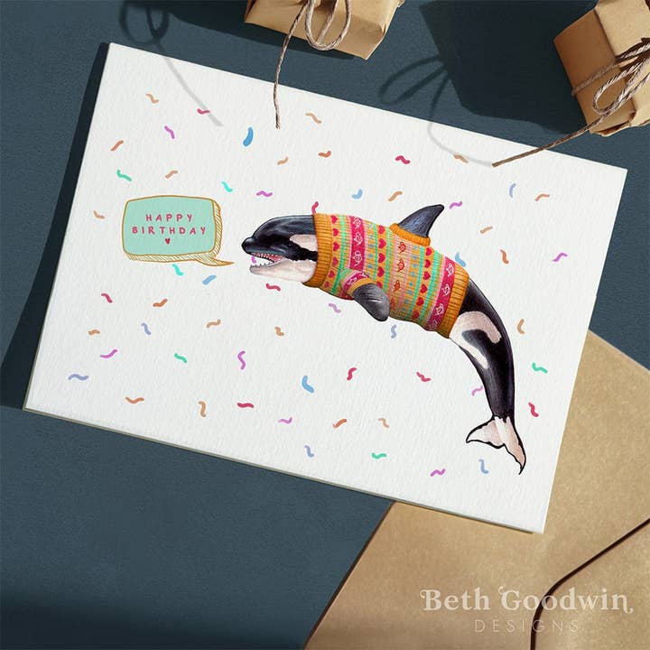 Orca wearing a Jumper Birthday Card | Killer Whale Greetings for wholesale by Beth Goodwin Designs