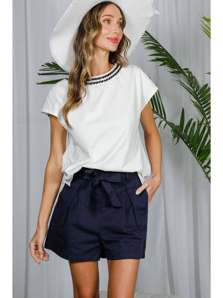 Vine & Love - Wholesale Knit Top - Women's - Braid Trim Round Neck Cotton Knit Top VT82394