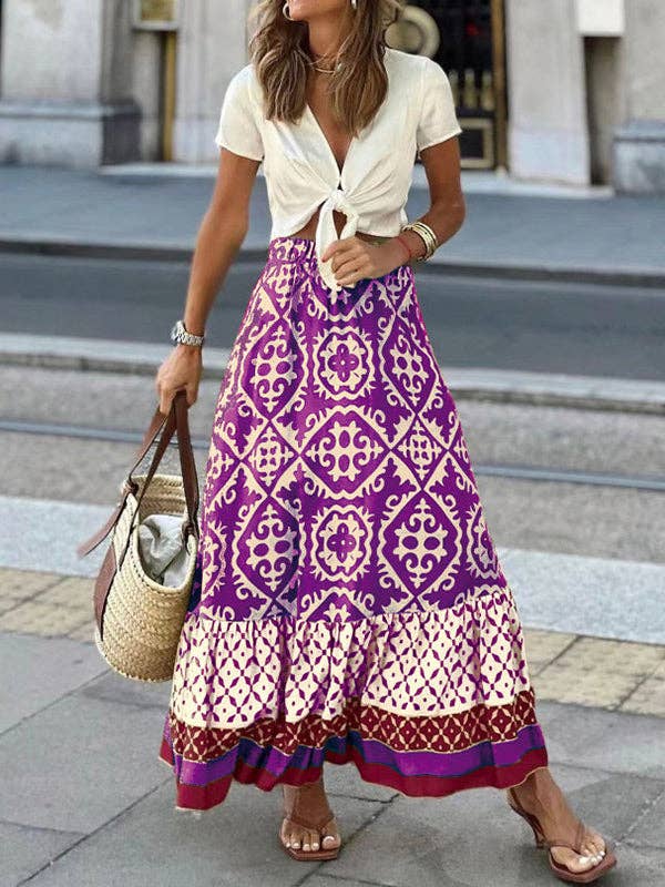 Sheer Trend - Wholesale Skirt - Women's - Loose Contrast Color Pleated Printed Skirts Bottoms2