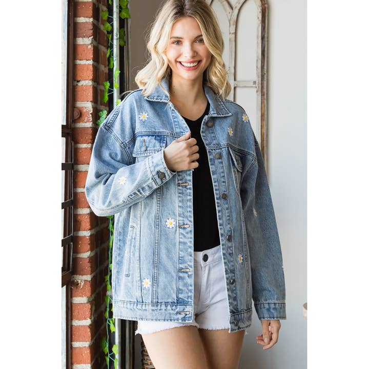 Med Wash Embroidered Floral Overszie Denim Jacket for wholesale on Faire2