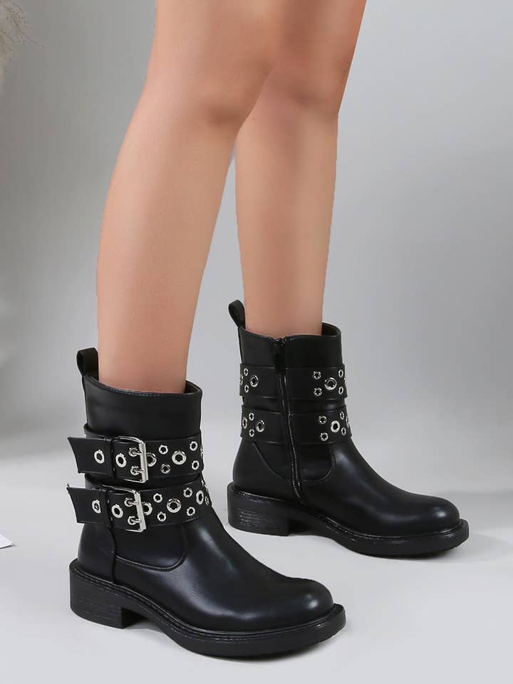 MB61, Faux leather boots with textured sole and double strap for wholesale by BELLICY / Cink-me