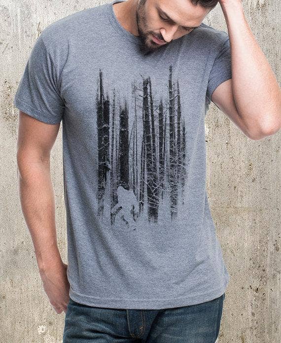 Athletic Grey Bigfoot in the Forest Men's T-Shirt for wholesale on Faire