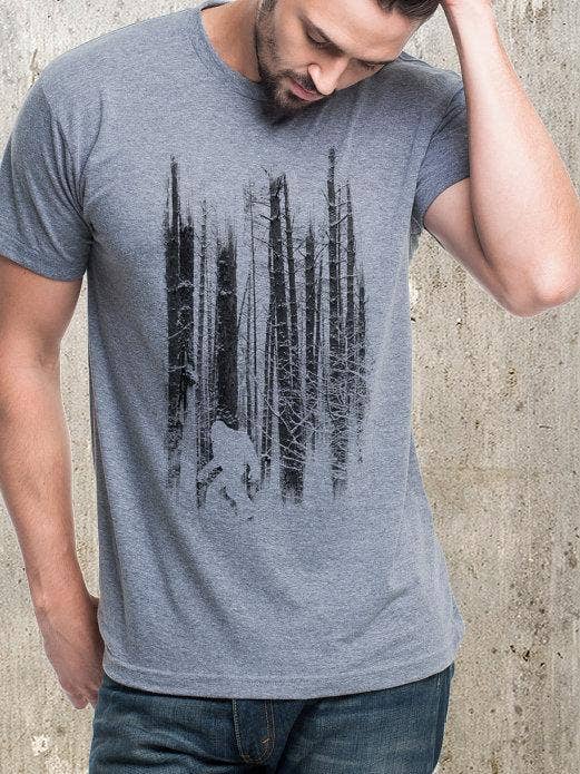 Athletic Grey Bigfoot in the Forest Men's T-Shirt for wholesale on Faire0