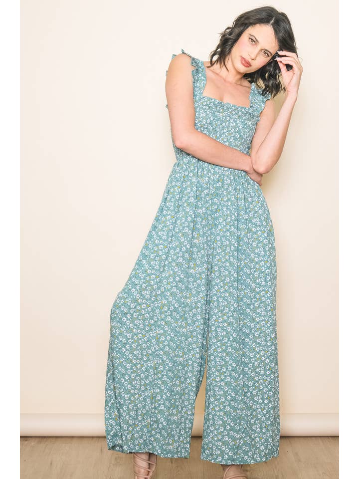 Elloh Collection - Wholesale Jumpsuit - Women's - Super Comfy Ruffle Shoulder Smocked Wide Leg Jumper Jumpsuit4