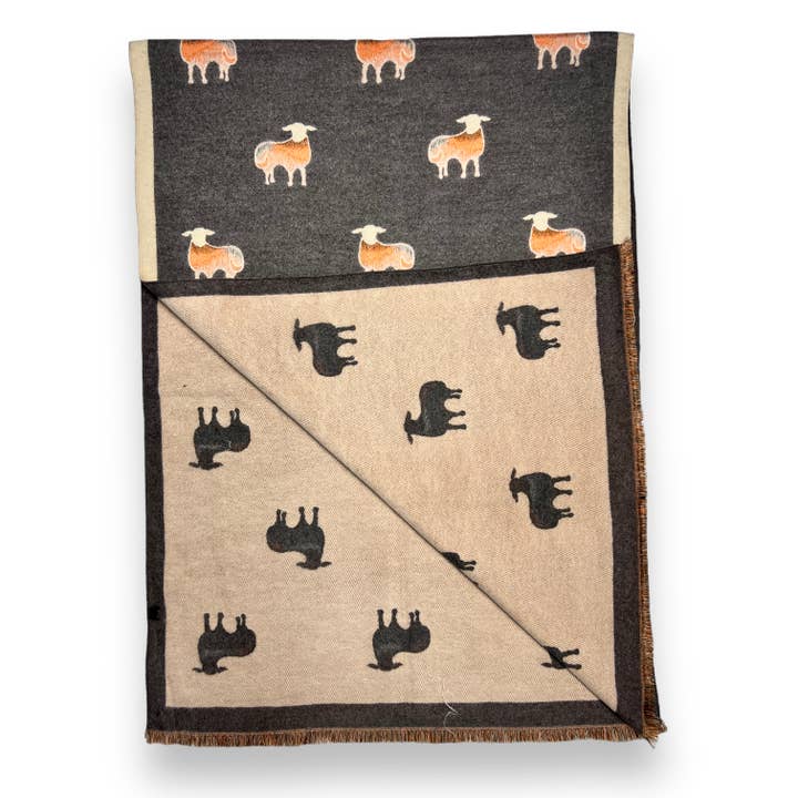 London Scarves - Wholesale Scarf - Women's - Sheep print on cashmere blend scarf finished with fringes