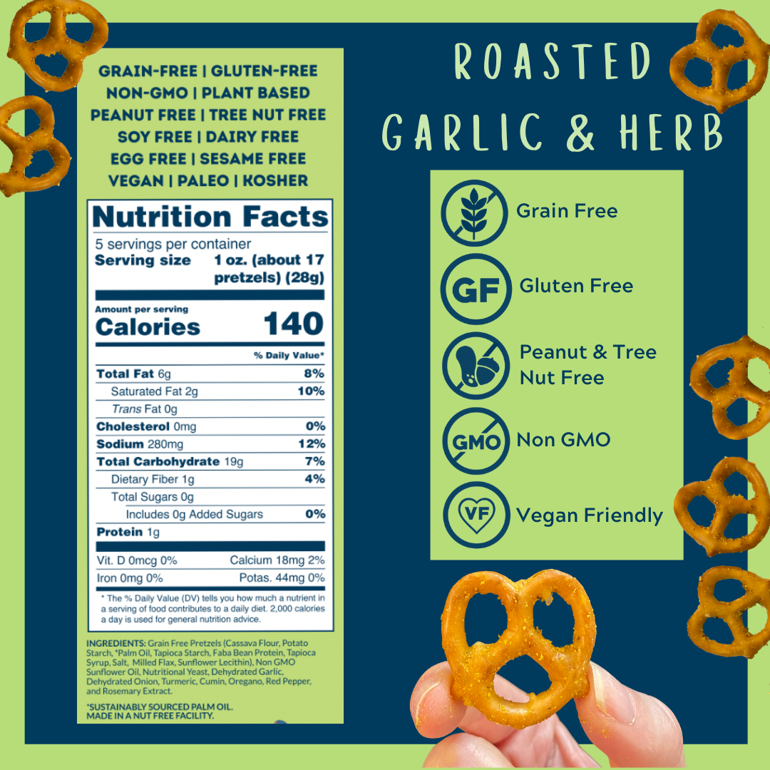Savor by Suzie - Wholesale Pretzels - Roasted Garlic & Herb Grain Free Pretzels 5oz1