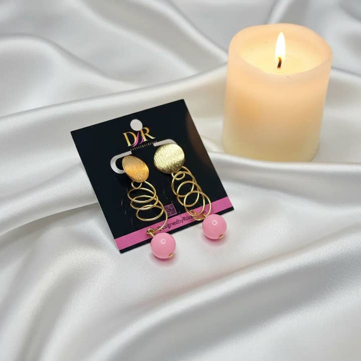 Designed By Risha - Wholesale Dangle Earrings - Gold Spiral Drop Earrings with Pink Beads – Bold Dangles 1