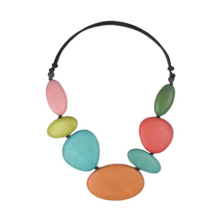 Procida colorful wood bead metal free statement necklace for wholesale by Katie and Company