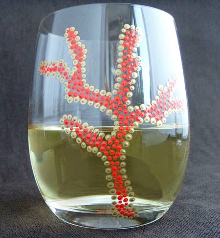 Orange Coral Gold Hand Painted Sea Motif Stemless Wine Glasses S/4, Coral/Gold for wholesale on Faire2