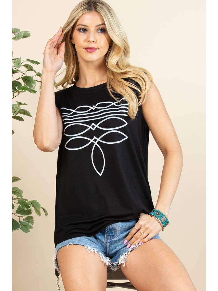 Schwarz/Weiss AV079-THELMA VINYL-TOP MIT STIEFELSTICH UND GRAFIK für den Großhandel auf Faire3