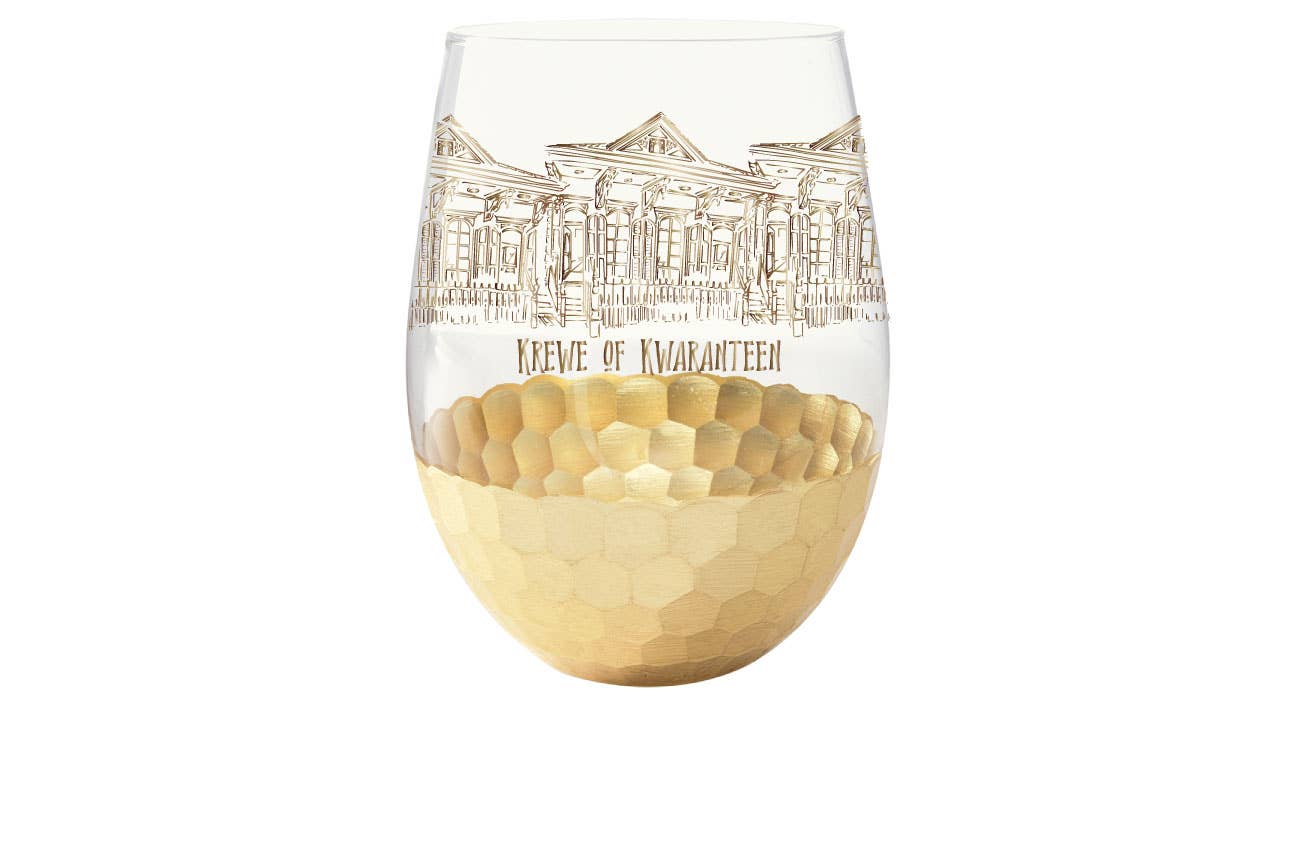 Pink House On River Road - Wholesale Wine glass - Krewe of Kwaranteen Hand Painted Gold Stemless Wine Glass1
