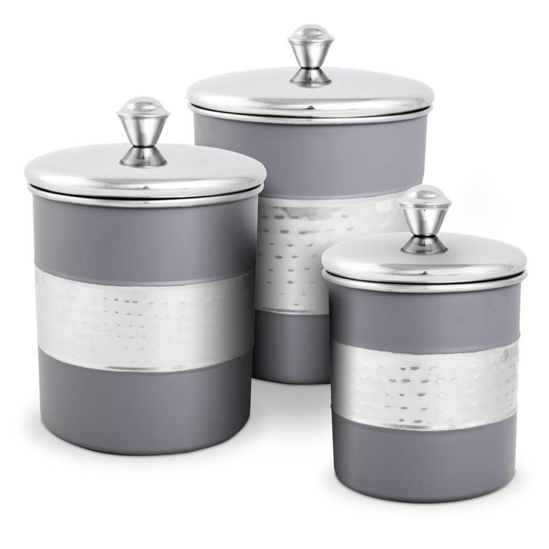 Lexi Home - Wholesale Canister Set - 3-Piece Nested Gray & Stainless Steel Hammered Canister Set0