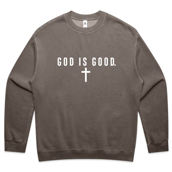 Dieu est bon – Sweat-shirt graphique minimaliste de foi chrétienne délavé pour la vente par OSME
