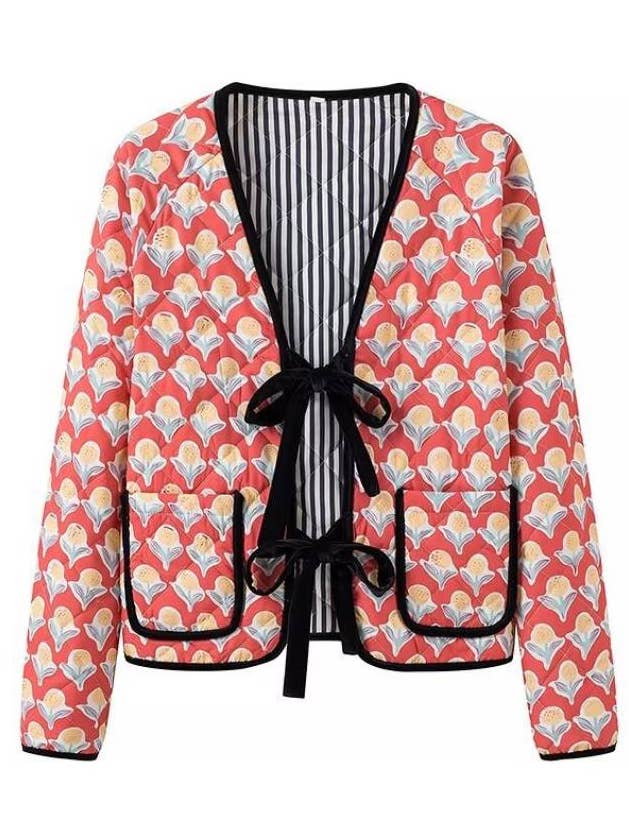 Fashion Bow Tie Flowers Print Padded Jacket for wholesale by Rosa Clothing