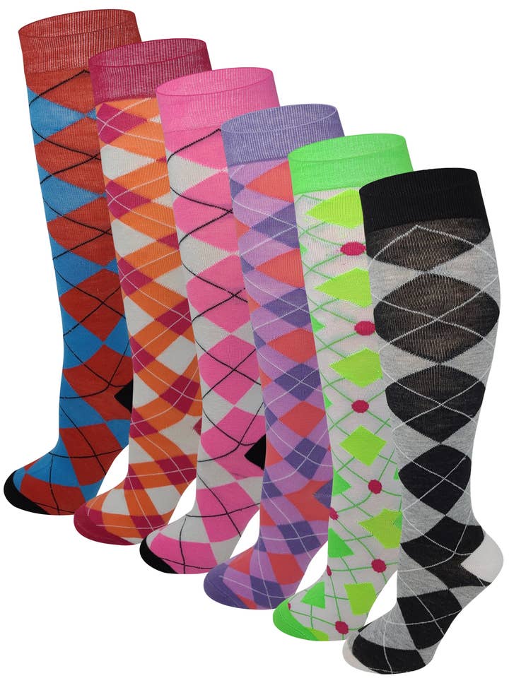 Knee High Socks | Fancy Argyle Novelty | Womens (6 Pairs) for wholesale by Different Touch