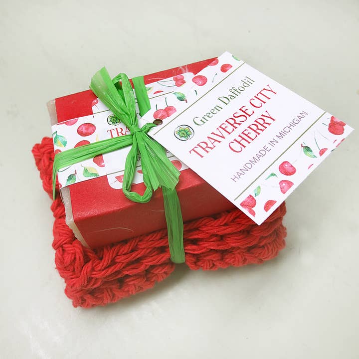 Traverse City Cherry Soap & Washcloth Gift Set - Michigan for wholesale by Green Daffodil Bath & Body
