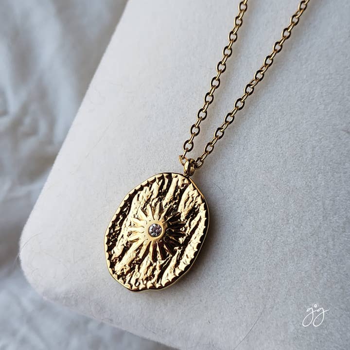 Gold Sunburst Coin Zirconia Necklace, 18K Gold, 16 inches for wholesale by Indie Moon