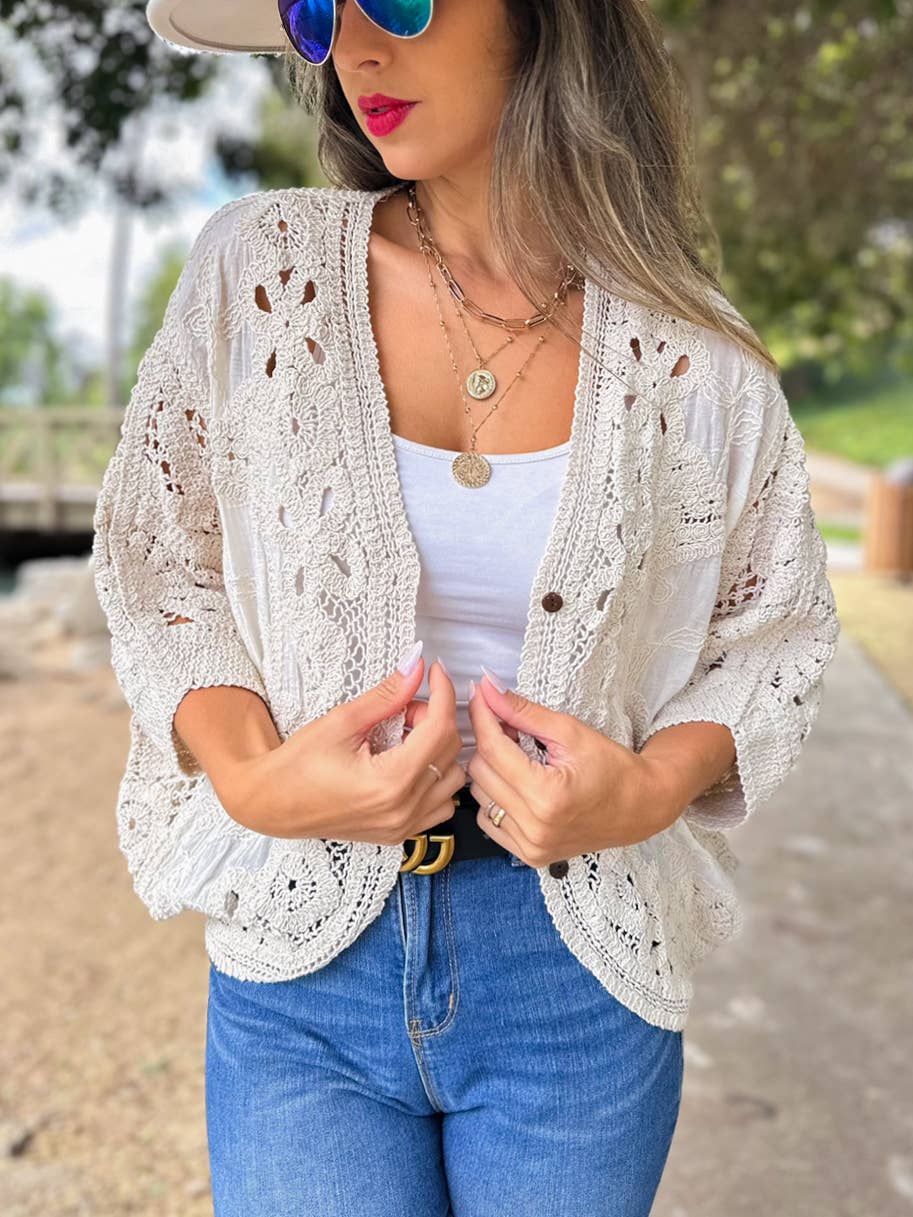 Ivory Boho Lace Detail Dolman Sleeve Button-Down Cardigan for wholesale on Faire6