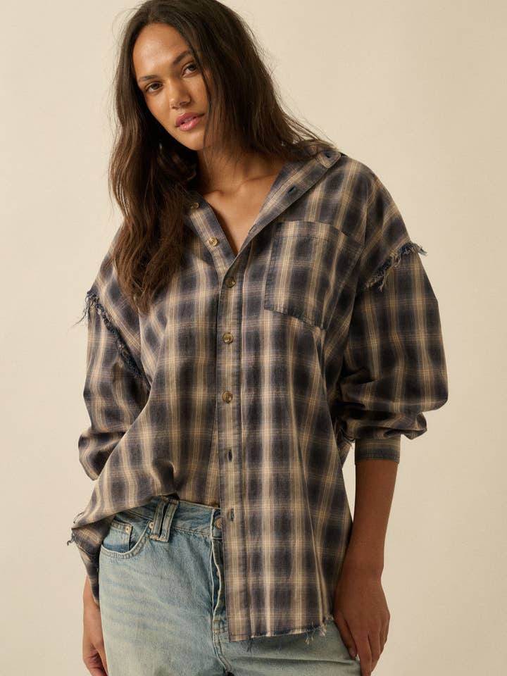 Plaid Flannel Raw-Edge Oversize Pocket Shirt for wholesale by Promesa USA
