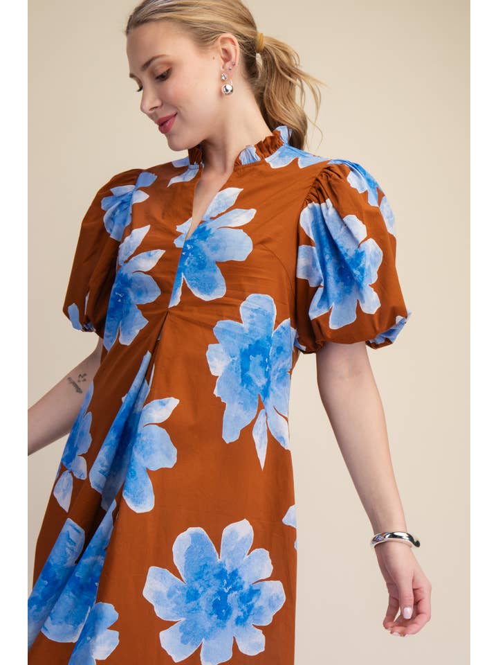 Glam - Wholesale Dress - Women's - Ruffle V-Neck Puff Sleeve Waist Pleated Midi Dress4