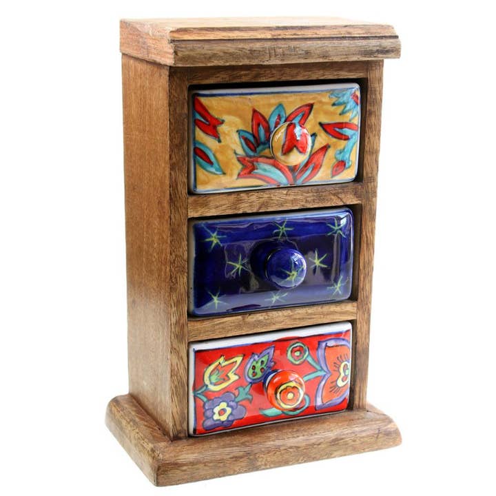 Shared Earth - Venta al por mayor Cajas decorativas - Mini cofre de madera, 3 cajones de cerámica