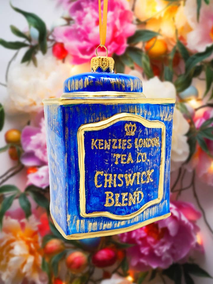 Chiswick Tea Tin Holiday Polish Glass Christmas Ornament for wholesale by Kenzies of London